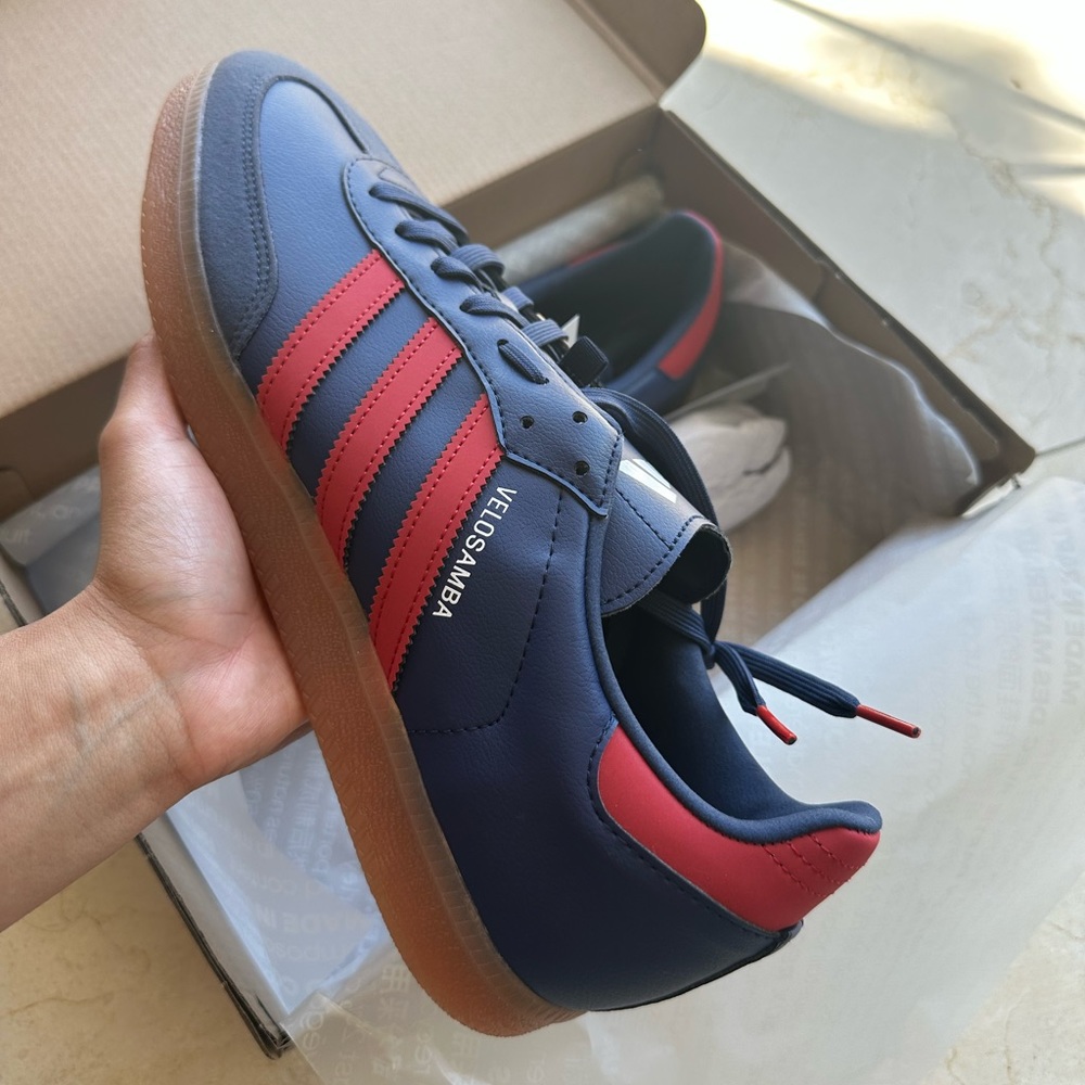 Navy and Red Adidas Velosambas